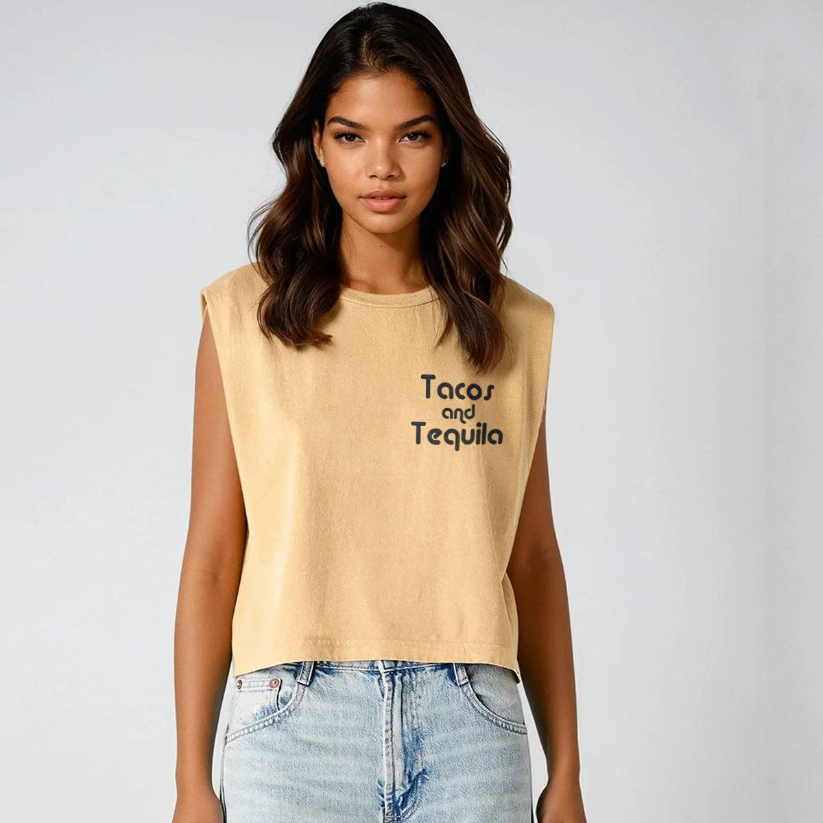 Faded Mustard Tacos & Tequila Garment Dyed Muscle Tee for wholesale on Faire0