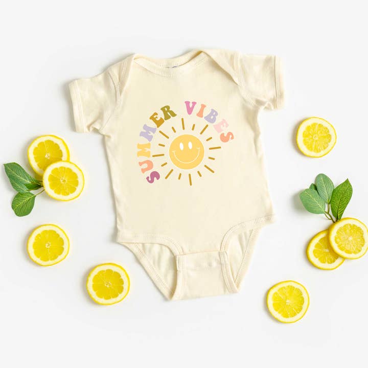 Summer Vibes Sun | Baby Graphic Short Sleeve Onesie for wholesale by Olive And Ivory Wholesale