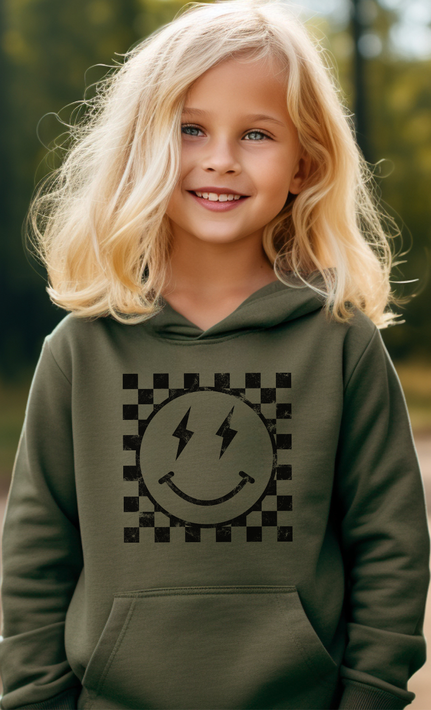 Kids By Kissed Apparel – Großhandel Hoodie – Kinder – Retro Checkerboard Lightening Smiley Youth Fleece Hoodie2