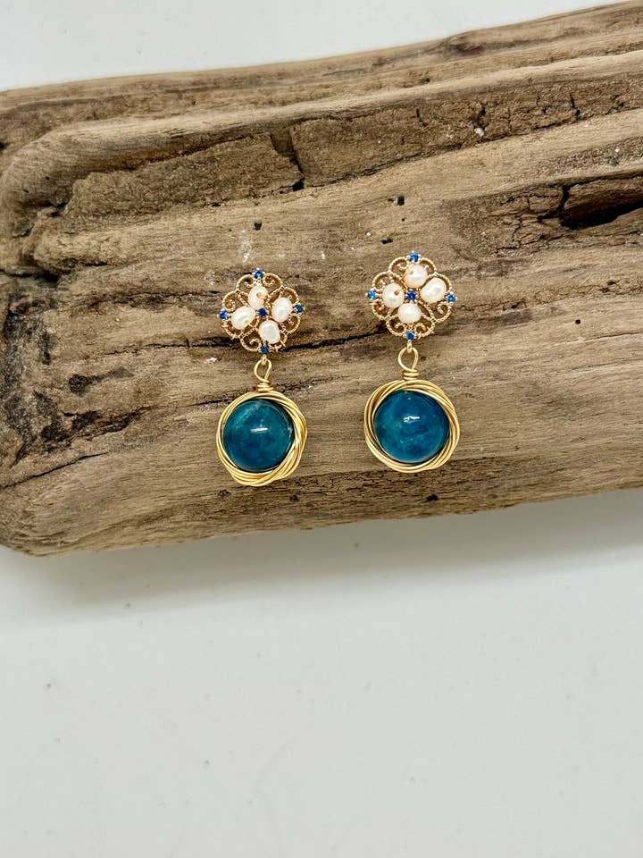 Earring Gold Filigree Freshwater Pearl w/Blue SemiPrecious for wholesale by Rant & Rave Classic