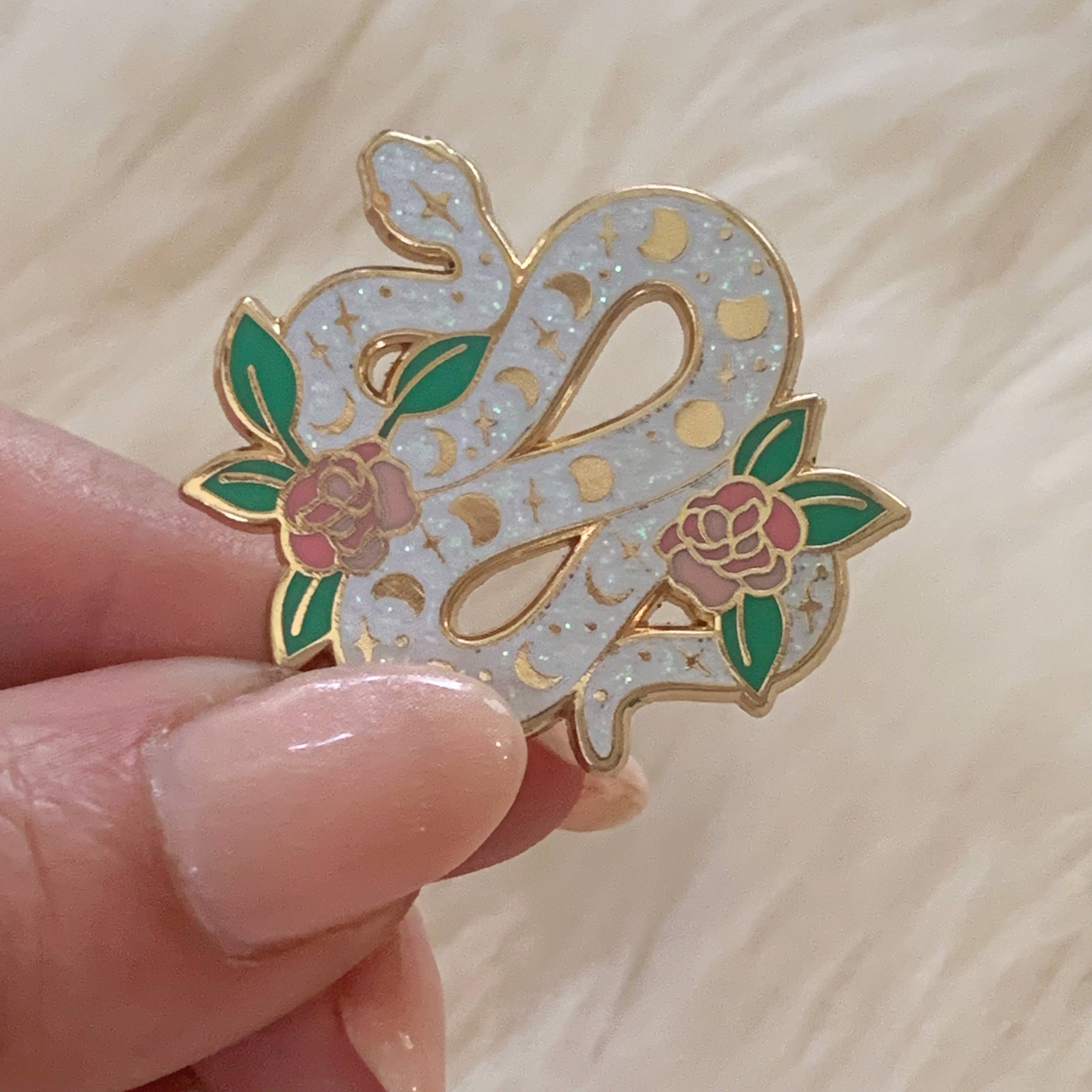 Wildflower + Co. - Wholesale Lapel Pin/Button - Serpent Enamel Pin, White Glitter3