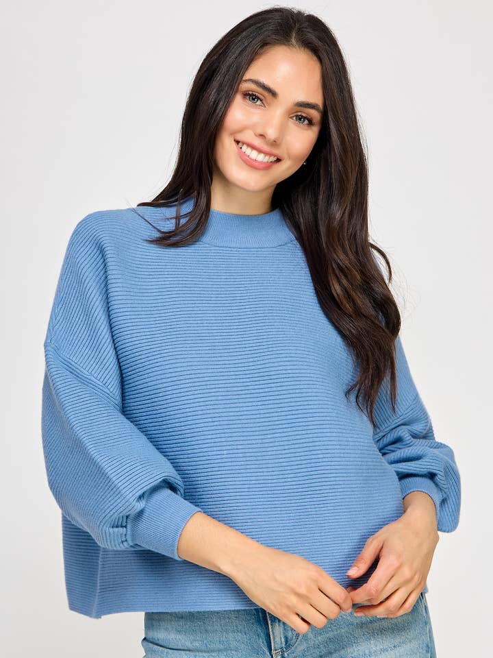 RT-3201-6 BALLOON SLV MOCK NECK SWEATER AZURE for wholesale by Ellison