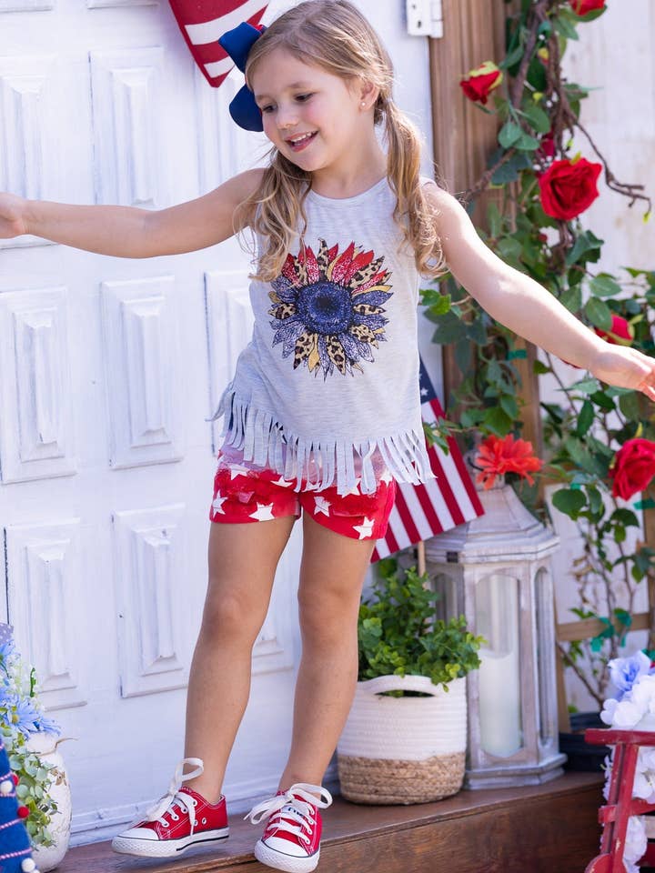 Gris Pantalones cortos de mezclilla sin mangas con estampado de girasoles y bandera de EE. UU. de venta al por mayor en Faire