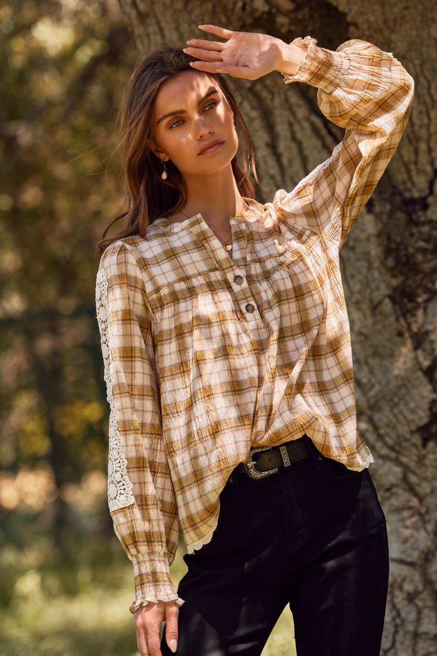 Oddi - Wholesale Blouse - Women's - Lace& Plaid Combo Long Sleeve Blouse3