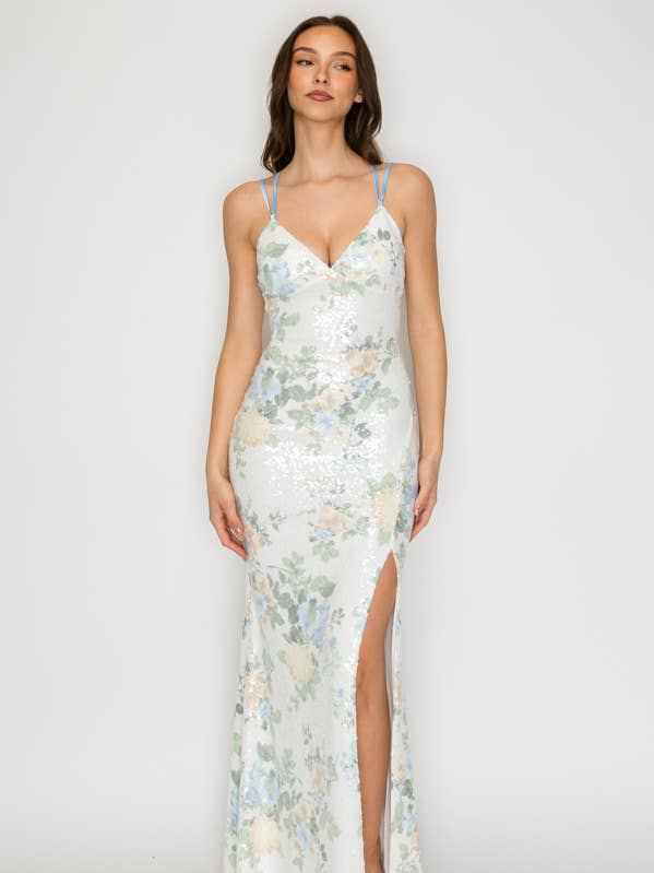 CD30948: FLORAL SEQUIN CROSSED BACK MAXI DRESS for wholesale by Lovesome