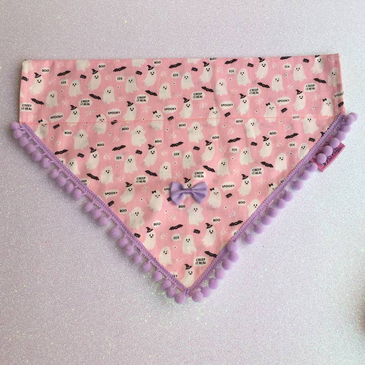 Puppies & Pom Poms - Wholesale Pet Bandana - Dog - Cute Pink Ghosts! Halloween Pompom Dog Bandana