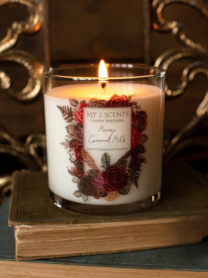 Mango + Coconut Milk - 10 oz. Clear Glass Soy Candle for wholesale by My 2 Scents – Hand-Poured Soy Candles with Edge & Elegance