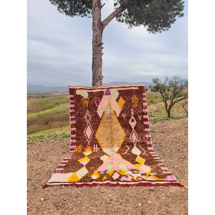 Brown Moroccan Rug Wholesale | Pink Yellow Geo Symbols Rug for wholesale by BohoVibeCraft