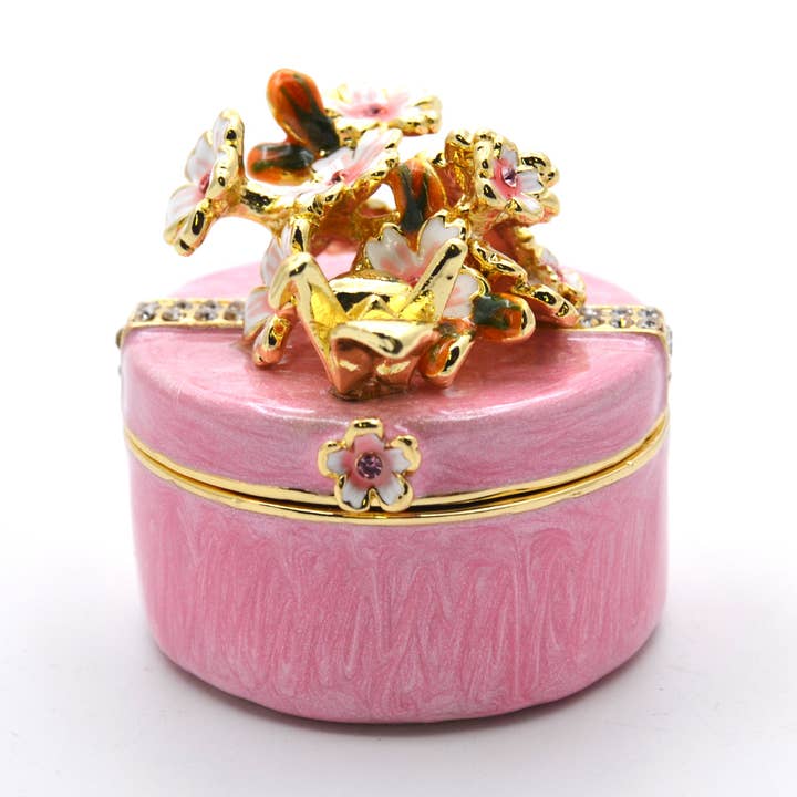 Runde Schmuckdose mit floraler Verzierung aus österreichischen Kristallen für den Großhandel von Ciel Collectables