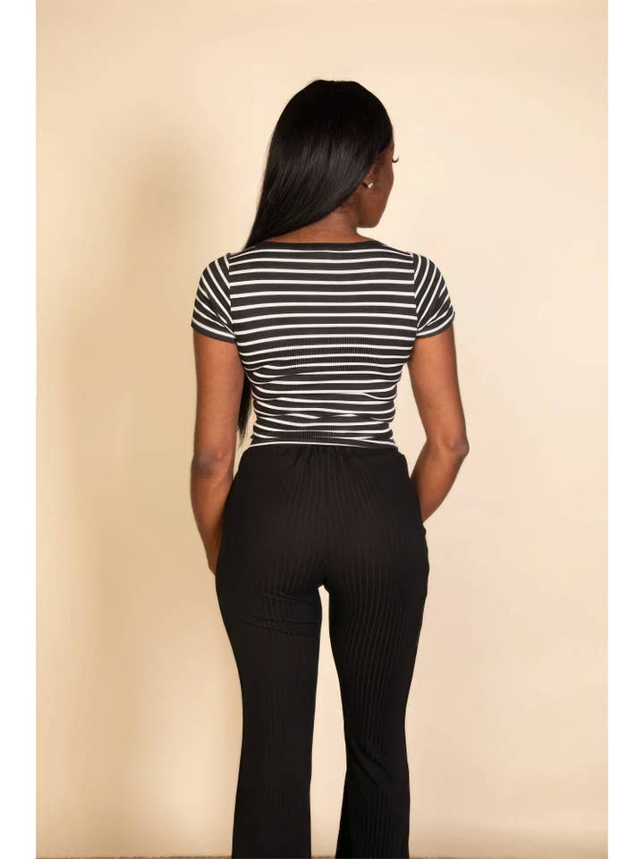 CC Wholesale Clothing - Wholesale Knit Top - Women's - Ribbed striped square neck short sleeve t shirt