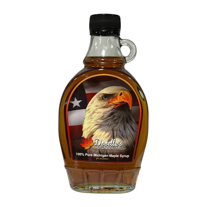 Patriotic Eagle Scene Maple Syrup - 8oz glass for wholesale by Doodle's Sugarbush, LLC - Pure Michigan Maple Syrup
