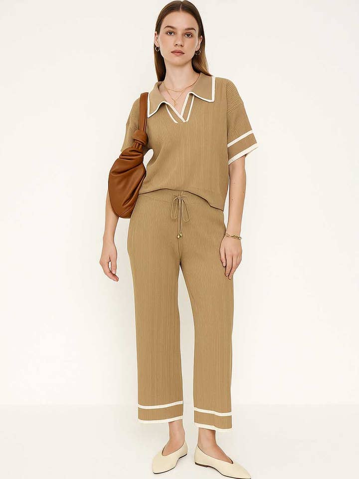 Sweetkama - Wholesale Lounge Set - Women's - Ladies Color Block Polo Collar Knit Top & Pants 2PCS Set9