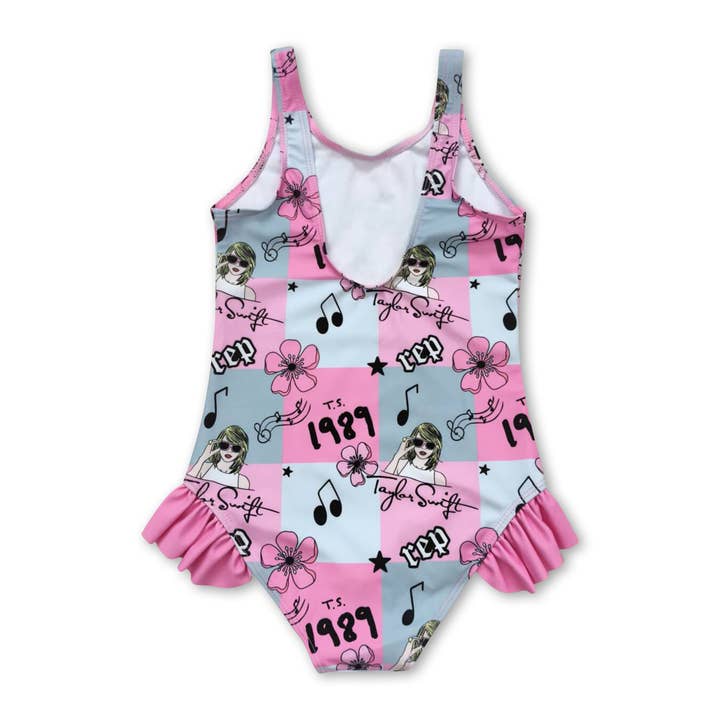 Yawoo Garments - Wholesale One Piece Swimsuit - Kids - Sleeveless pink plaid floral singer girls summer swimsuit