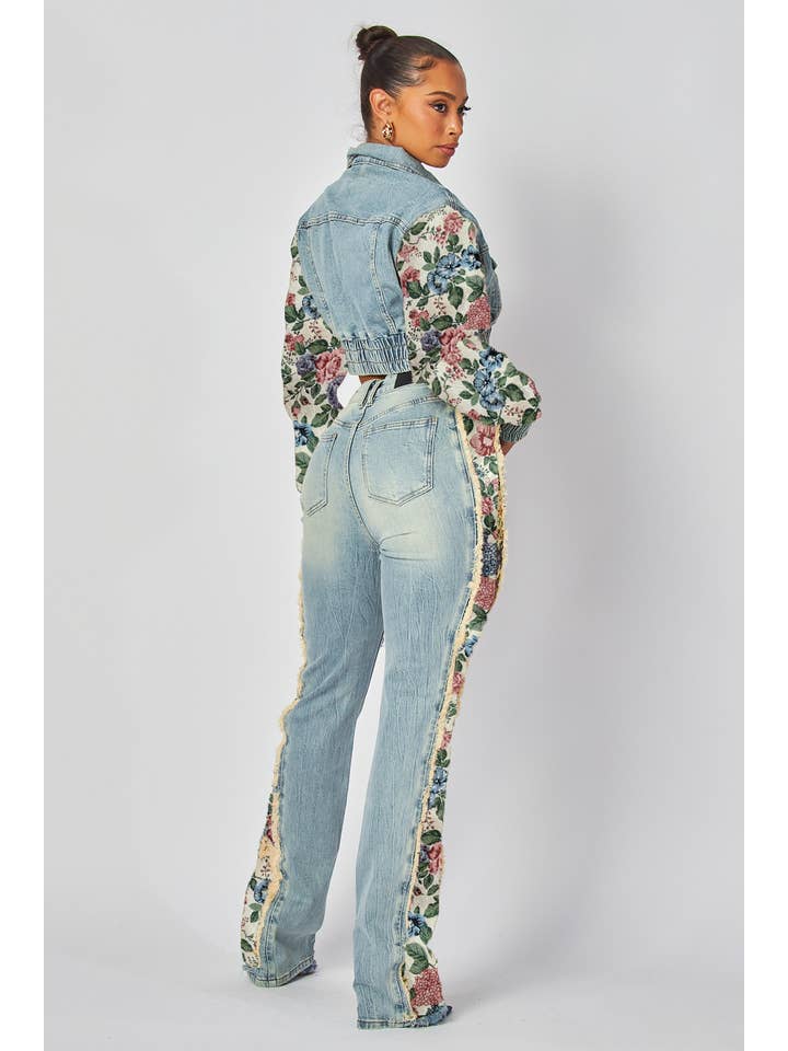 Pink Flower Print Tapestry Denim Blend Jeans for wholesale on Faire
