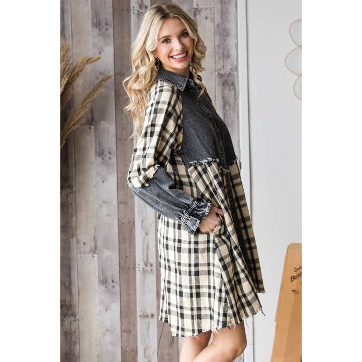 Veveret - Wholesale Dress - Women's - Plaid Contrast Denim Dress