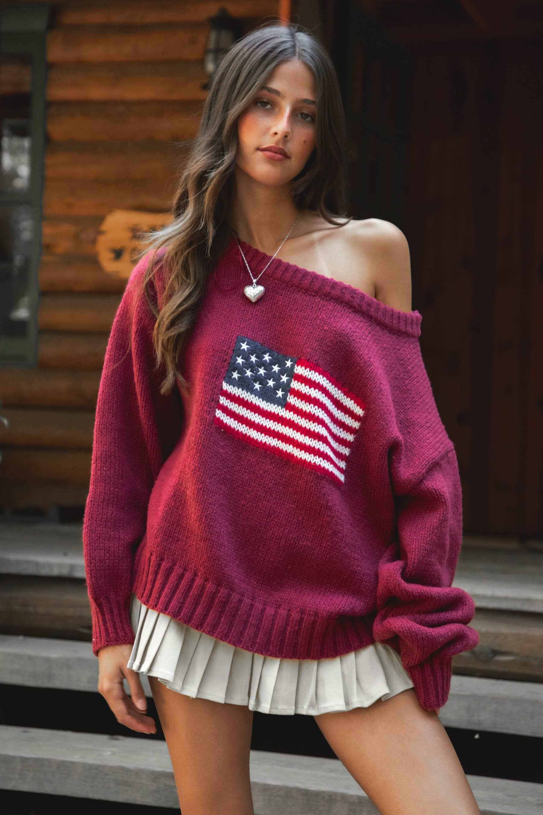 TICTOC - Wholesale Knit Sweater - Women's - BRANDI American Flag Knit Off The Shoulder Lounge Sweater6