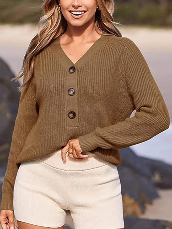 V Neck Button Down Solid Color Ribbed Knit Casual Sweater for wholesale by Wholesalesir