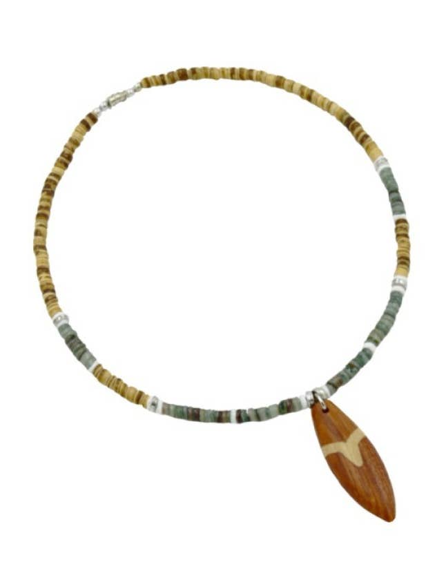 Wooden Surfboard Pendant Clam Shell Coconut Necklace for wholesale by DK Hawaii