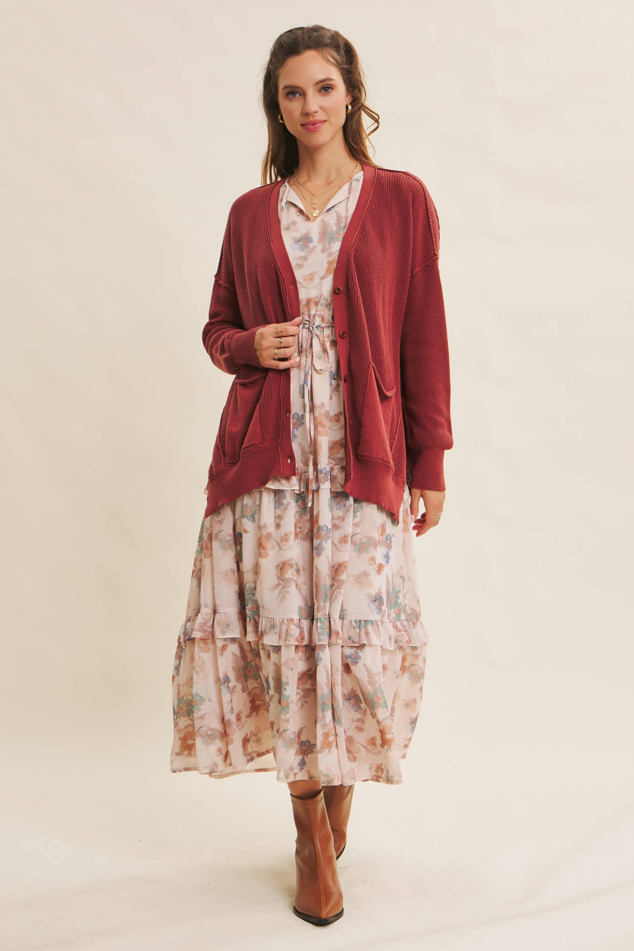 in february - Wholesale Cardigan - Women's - SLOUCHY CHARM BUTTON-DOWN CARDIGAN WITH CONTRAST WEAVE0