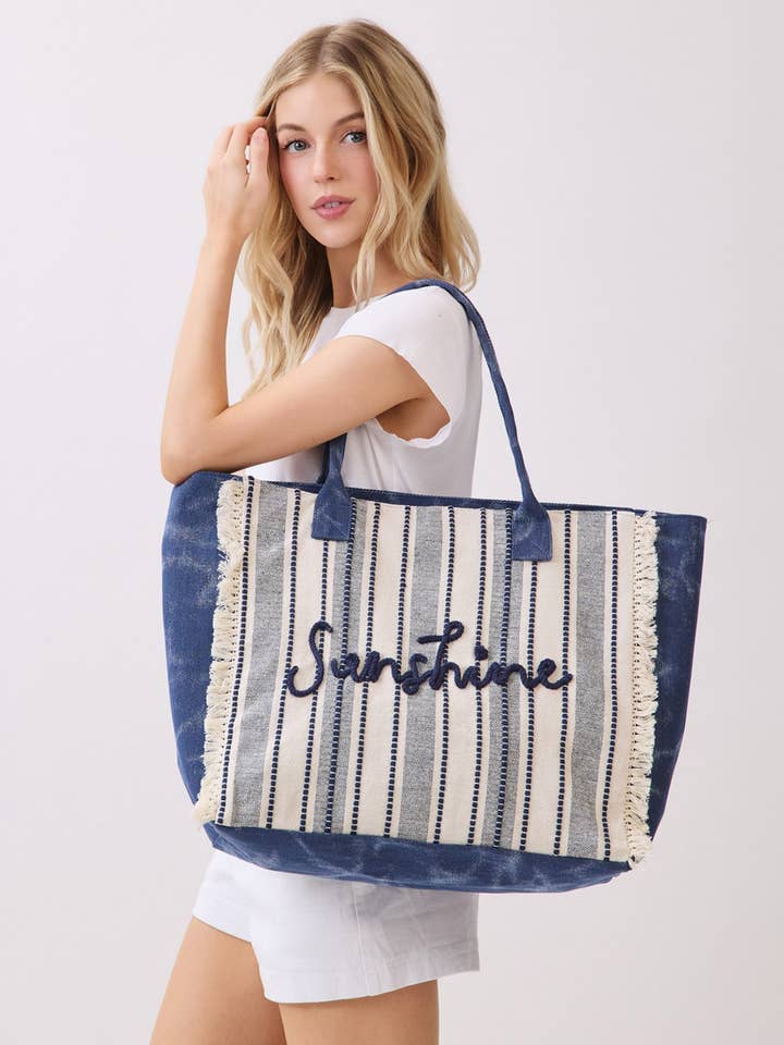 Vintage SUNSHINE Stripe with Fringe Tote Bag for wholesale by Hana