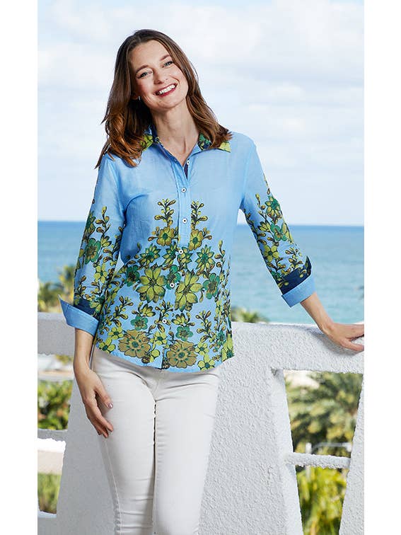 Dizzy-Lizzie - Wholesale Button Down Shirt - Women's - 3/4 Sleeve Rome Shirt Light Blue And Leaves