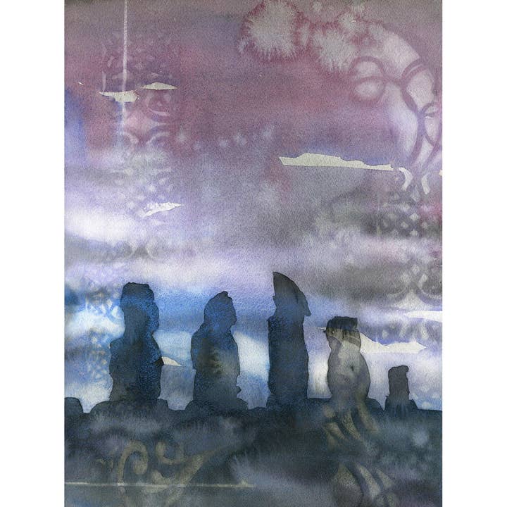 Statue Moai ad Aho Tangoriki al tramonto sull'isola di Pasqua, in Cile. Isola di Pasqua, opera d'arte Moai, paesaggio ad acquerello, decorazione della casa, pittura Moai (stampa) per la vendita all'ingrosso da parte di Ryan Fox Fine Art