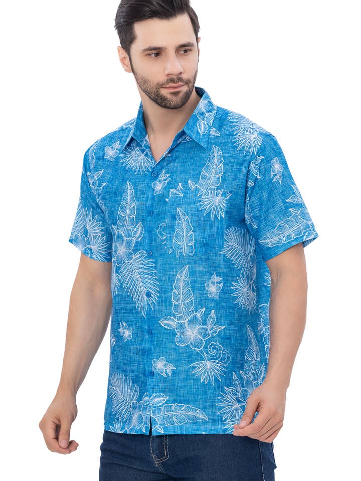 HAPPY BAY Linen Effect Mens Shirts Blue Floral Leafs P00394 for wholesale by LA LEELA \ HAPPY BAY