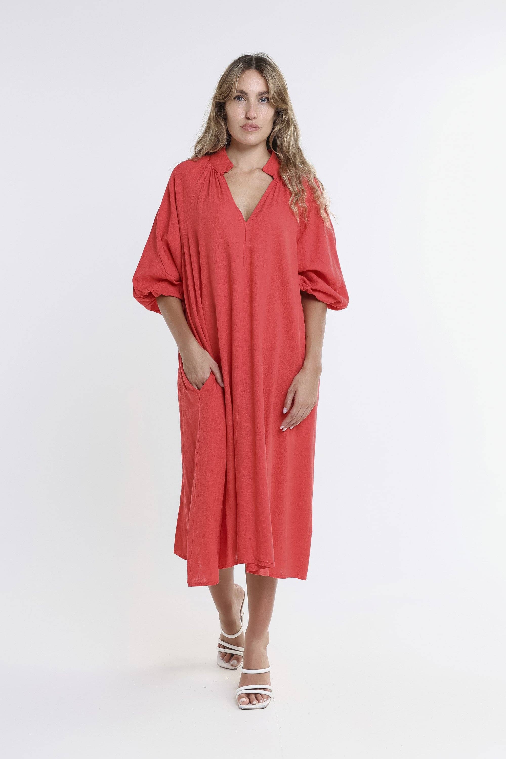 TINA Stephens Italy/Tees By Tina – Großhandel Kleid – Damen – Katrina Blouson-Ärmel Leinenkleid (DLS103)16