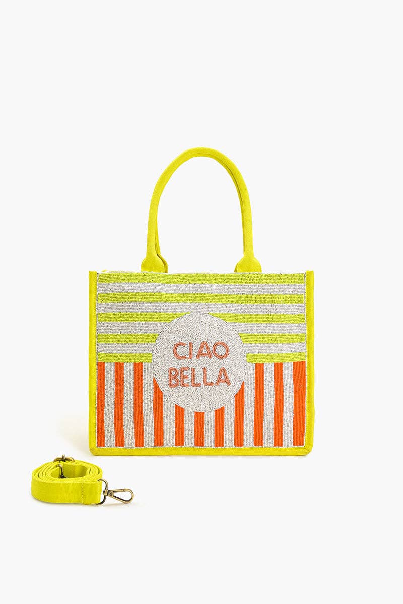 America & Beyond - Vendita all'ingrosso Borsa tote - Donna - Borsa a mano Ciao Bella con perline e dettagli a righe arancio sole e verde neon4