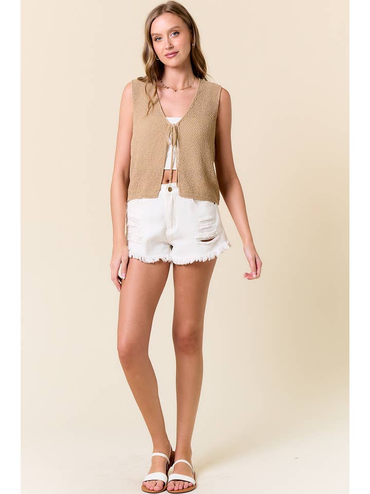 Doe and Rae - Wholesale Outerwear Vest - Women's - V-NECK TIE FRONT KNITTED VEST - 10683J