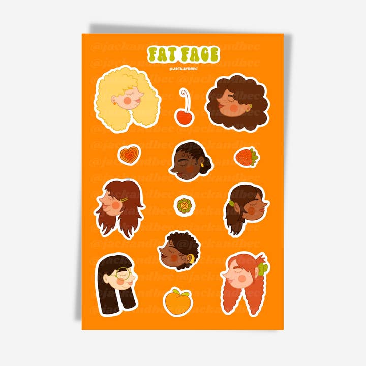 Lámina de pegatinas «Fat Face», diseño de positividad corporal, talla grande para venta al por mayor de Jack and Bec