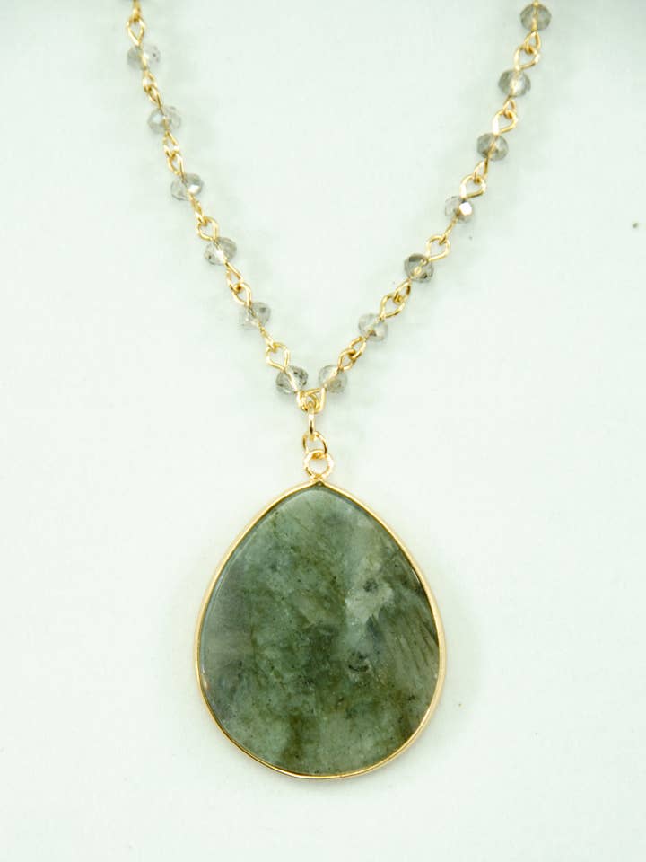 Unique Grey Stone Pendant on Beaded Gold Chain Necklace for wholesale by The Jewelry Bx