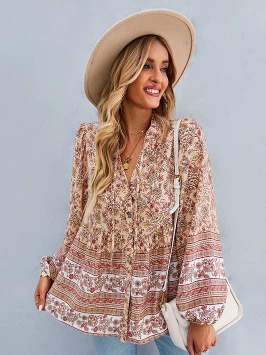 Long sleeve printed button front top for wholesale by Miss Sparkling