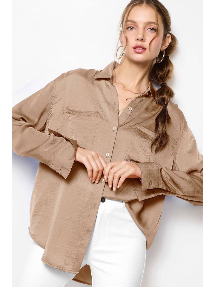 La Miel - Wholesale Button Down Shirt - Women's - SRT7452-Silky and Flowy Button Down Long Sleeve Shirts32