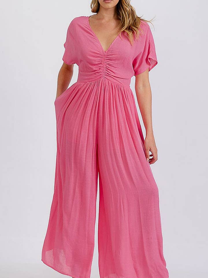 V-NECK RUCHED FRONT POCKETS WIDE LEG JUMPSUIT for wholesale by ROUSSEAU