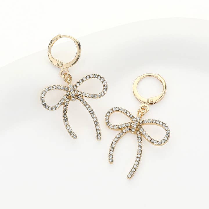 Sensibling Corp. - Wholesale Huggie Earrings - Stone Paved Bow Dangle Huggie Earrings