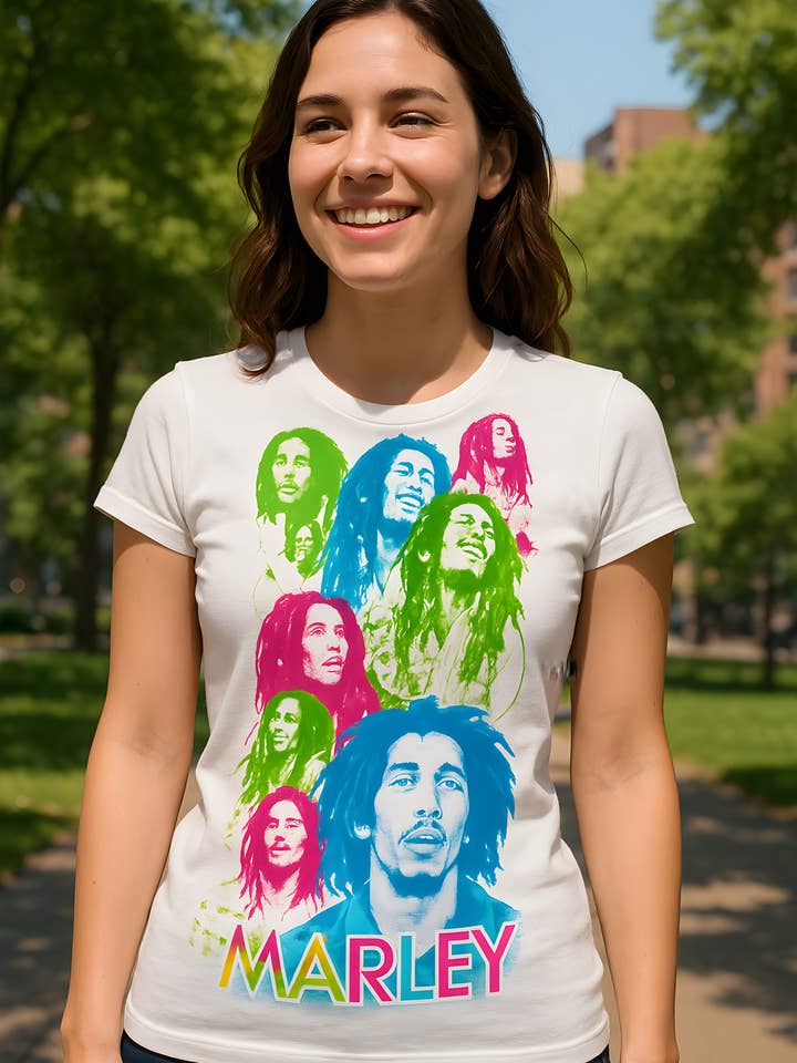 Official Store - Wholesale Screen Printed T-Shirt - Women's - Bob Marley - Colorful Women's Juniors T Shirt4