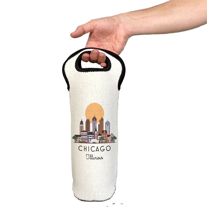 Chicago Illinois Skyline Graphic Wine Carrier Tote Neoprene Lining Liquor Bottle Cooler for wholesale by MooMo Studio