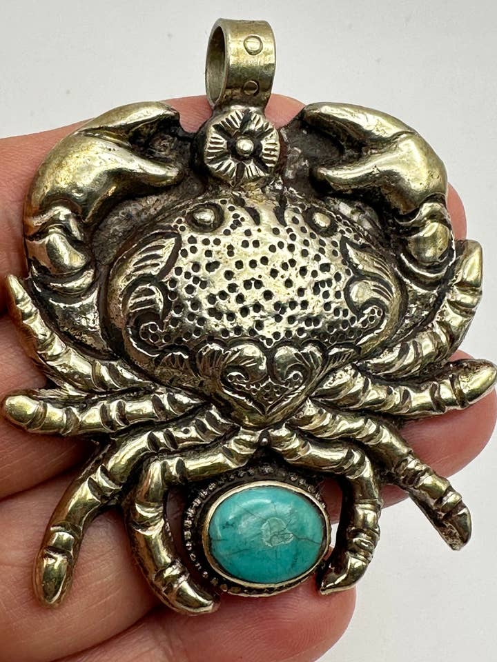 crab pendant,turquoise,handcrafted,brass,white metal, for wholesale by Third eye jewelry inc.