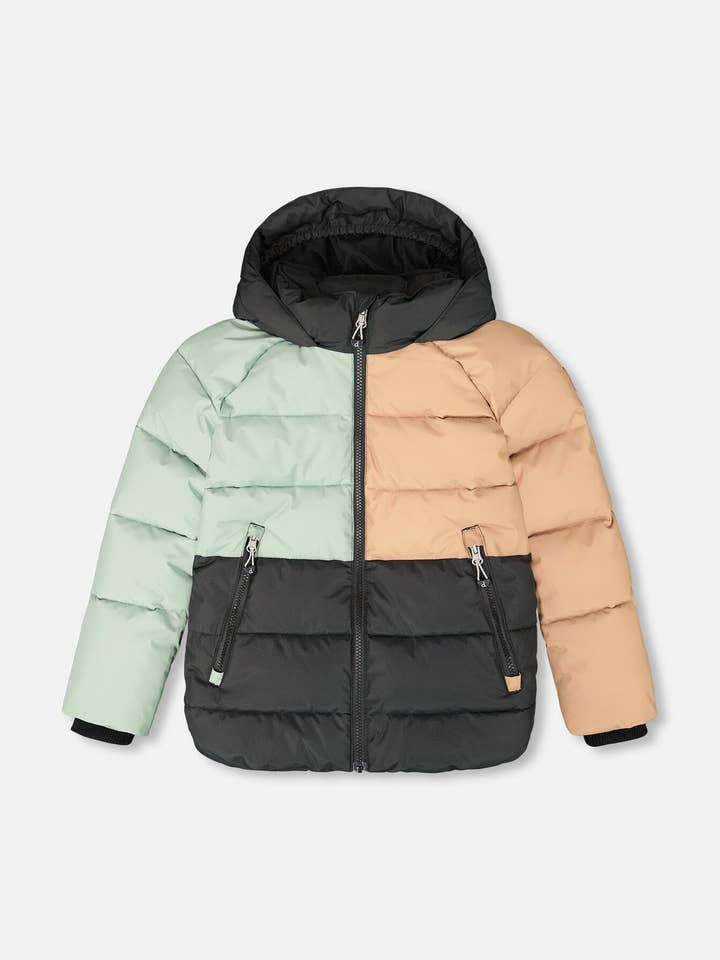 Manteau d'hiver matelassé à blocs de couleur noir pour la vente par Deux par Deux