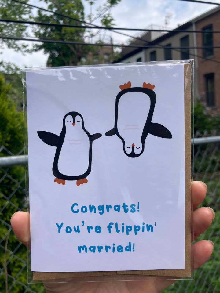 Flippin 'Penguin bröllop gratulationskort för wholesale av Jenn L Design