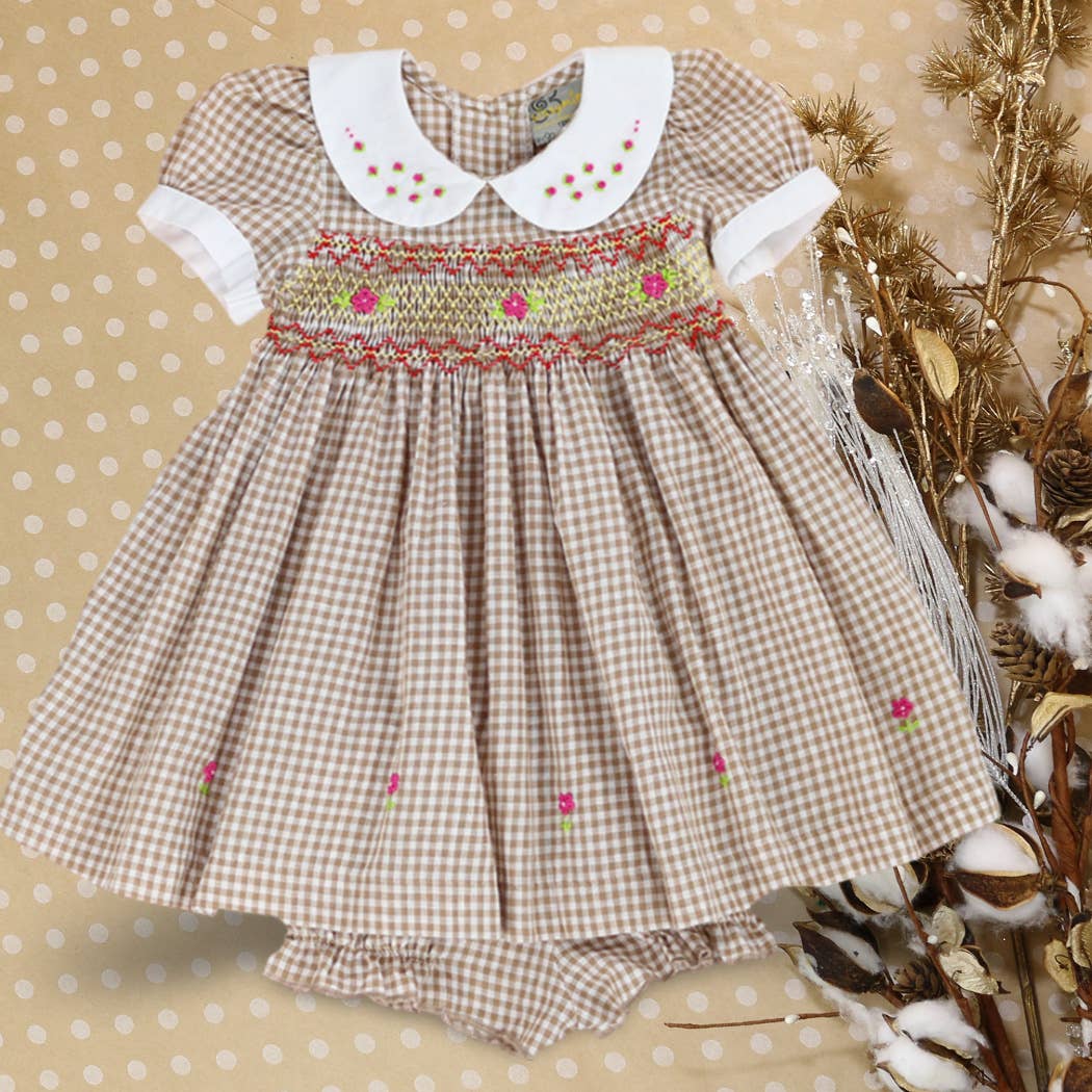 SISSYMINI - Vente Robe – bébé - Robe vichy brune smockée à la main pour bébés et tout-petits0