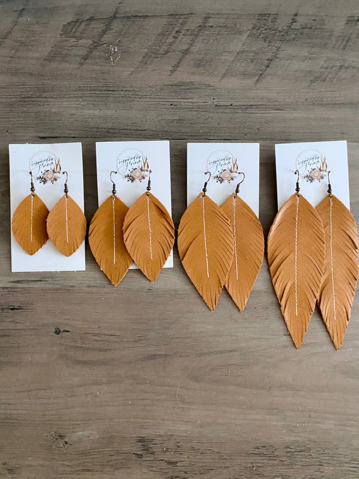 Goldenrod Leather Feather Earrings (4 sizes) for wholesale by Inspired by Jenna