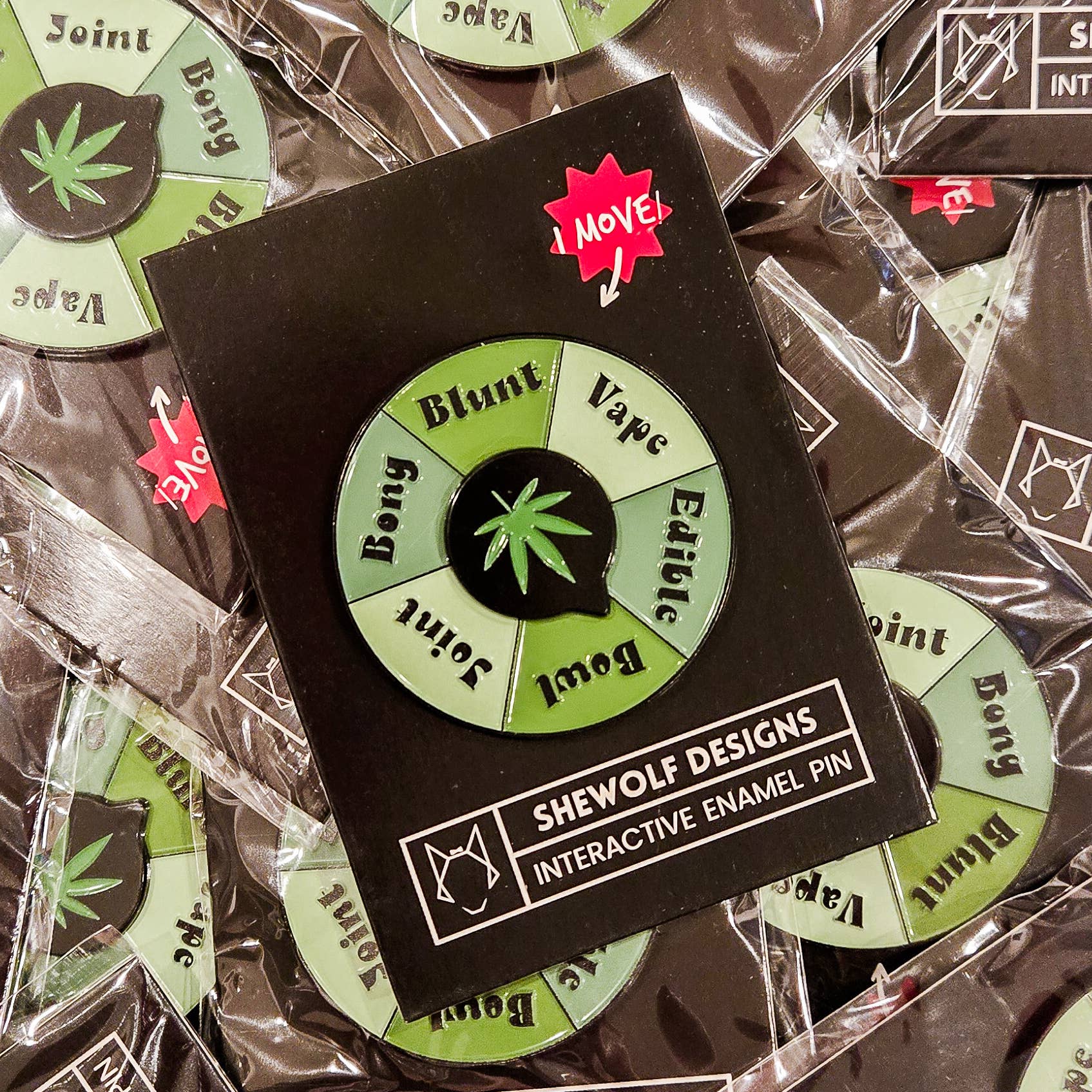 SHEWOLF Designs - Wholesale Lapel Pin/Button - Pin: Weed Spinner  | 420 Accessory Interactive Spinner Pin 1