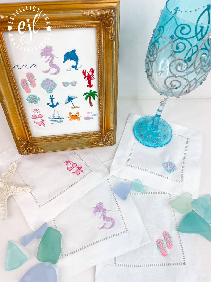 Embroidered Beach Theme Custom Linen Cocktail Napkins for wholesale by EstelleJoyLynn, LLC