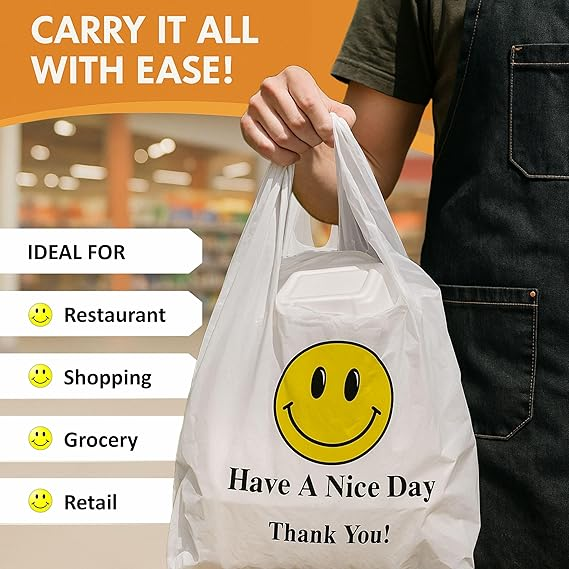 EcoQuality - Wholesale Grocery/Shopping Bag - EcoQuality White Smiley Face Plastic Shopping Bags Medium 10x5x184