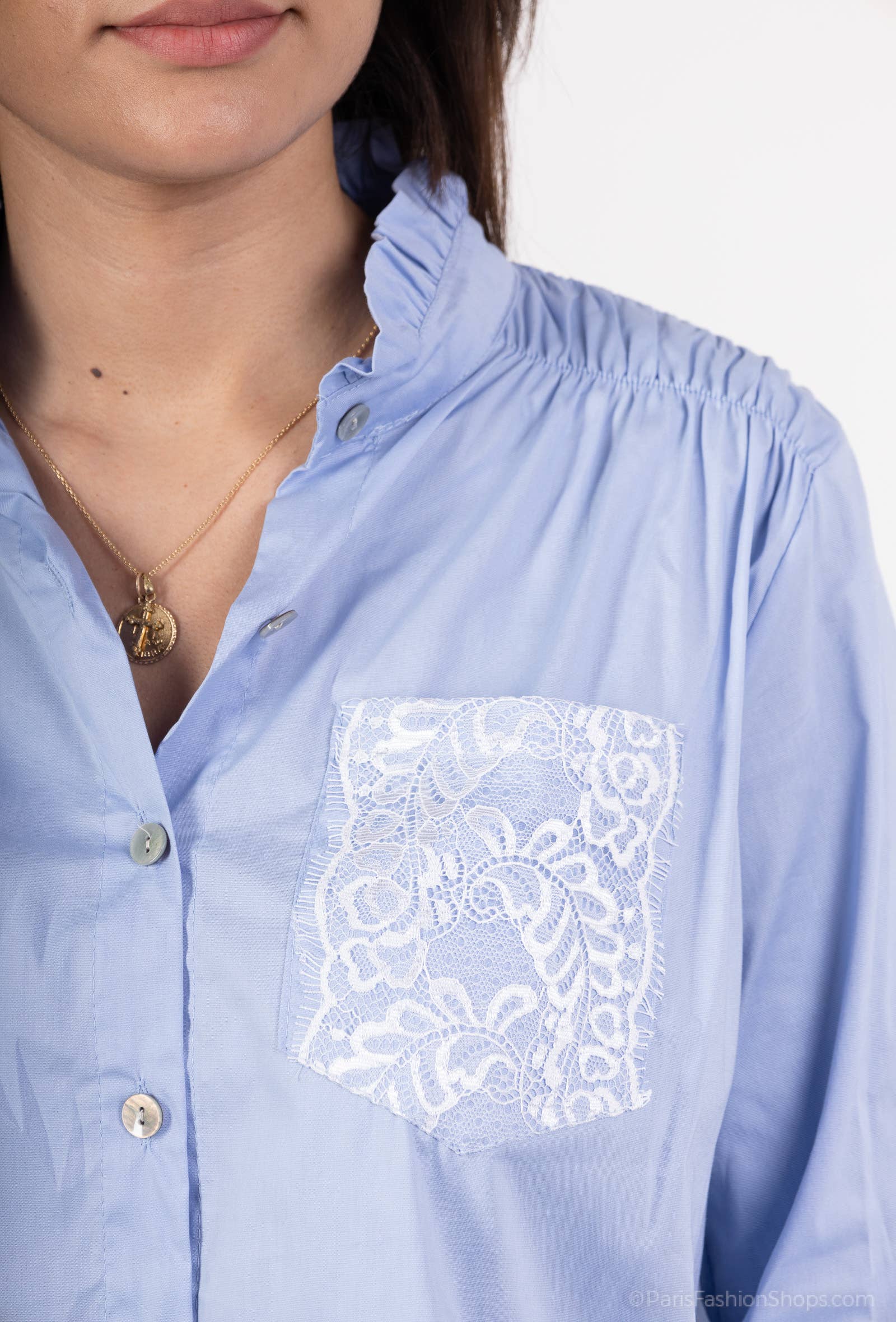 Pépouz' Paris - Vente Chemise à col boutonné – femme - Chemise col mao avec dentelle PC25184