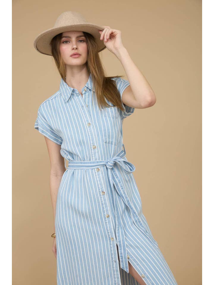 STRIPE CHAMBRAY COLLARED TIE BELT STRAP MIDI DRESS for wholesale on Faire