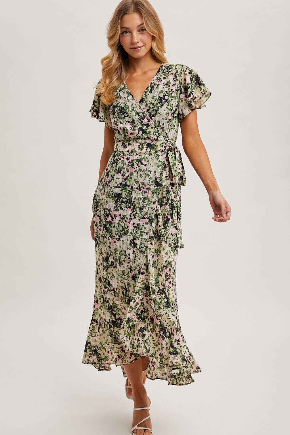Bluivy - Wholesale Dress - Women's - FLORAL PRINT WRAP RUFFLED MIDI DRESS - EASTER DAY1