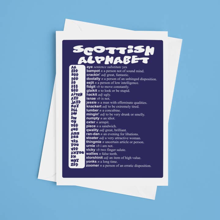 Scottish Alphabet Greetings Card for wholesale by Brave Scottish Gifts